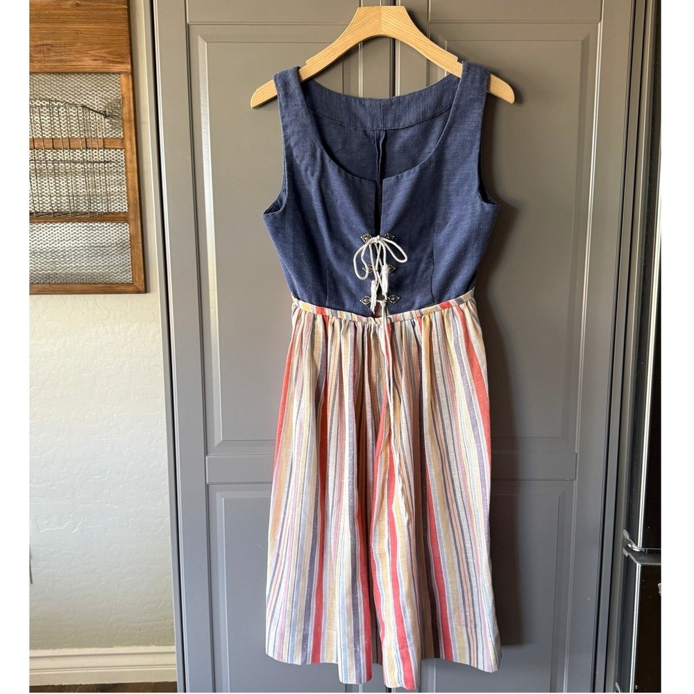 Vintage Women's Folk Dirndl Style Denim Stripe Midi Dress/Vest Set, Blue Multi,S